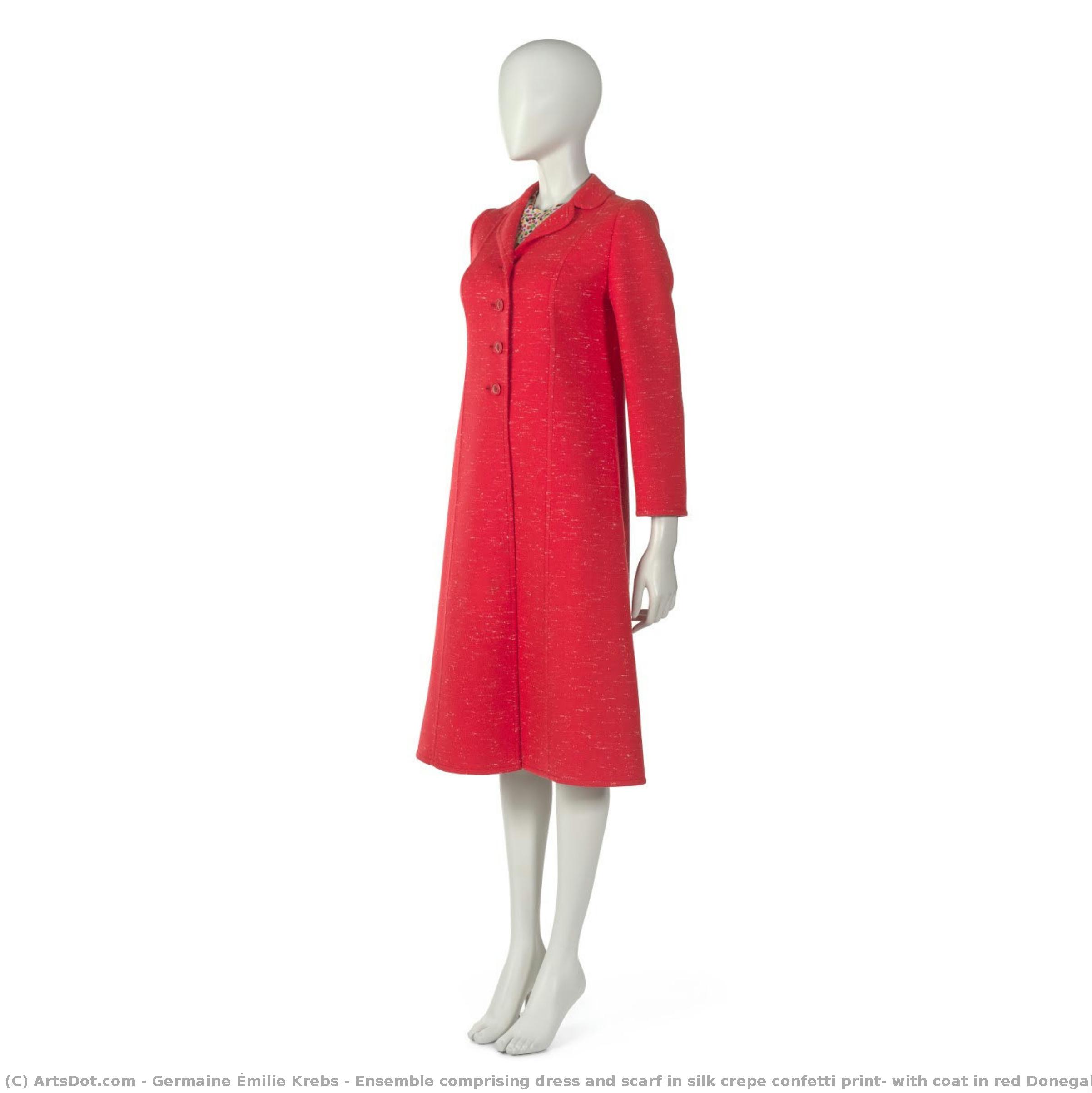 Ensemble Comprising Dress And Scarf In Silk Crepe Confetti Print, With Coat In Red Donegal Wool — Germaine Émilie Krebs