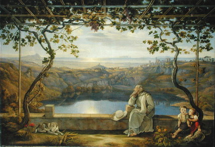 Monk Sitting On A Terrace Overlooking Lake Nemisee — Joachim Faber