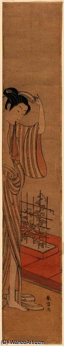 Woman After The Bath With Morning Glory Trellis — Suzuki Harunobu