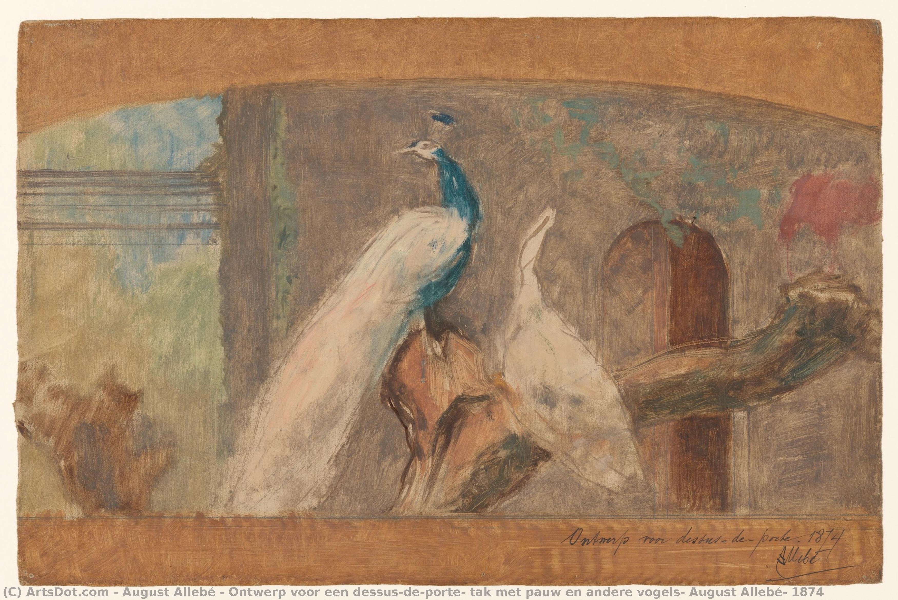 Ontwerp Voor Een Dessus-de-porte: Tak Met Pauw En Andere Vogels, August Allebé, 1874 — August Allebé