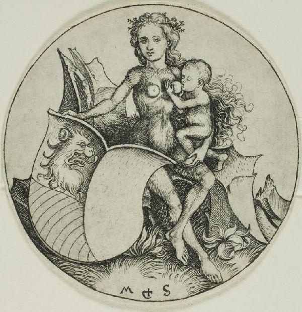 Shield With A Lion's Head,held By A Wild Women — Martin Schongauer