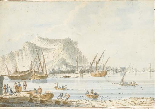 View The Port Of Palermo, The Coast Of Termini With Water On A Hill The Substance Of Figures And Boats In The Foreground — Claude Louis Chatelet