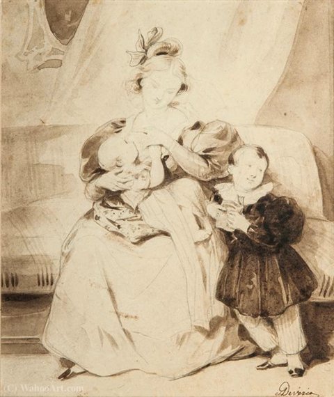 Mère Et Enfants Lavis — Achille Jacques Jean Marie Devéria