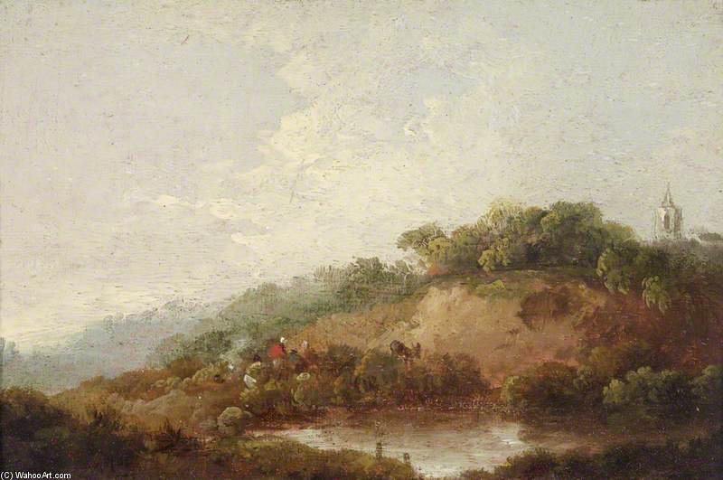 Pond With A Woody Escarpment, With Figures — George Morland