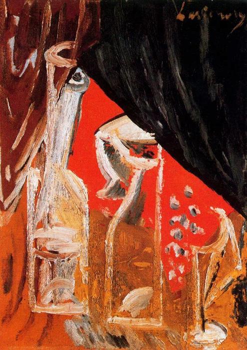 Still Life With Bottles And Curtains — Mijaíl Fiodorovich Larionov