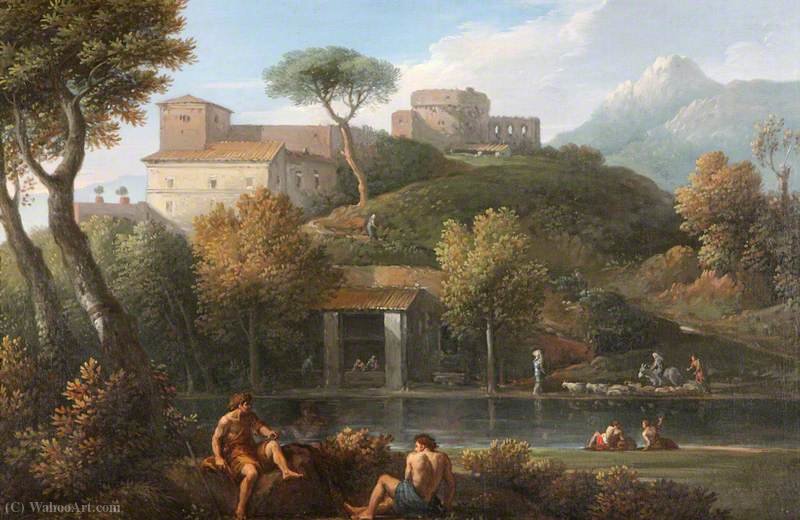 Two Men Conversing By A Lake Beneath A Castle — Jan Frans Van Bloemen