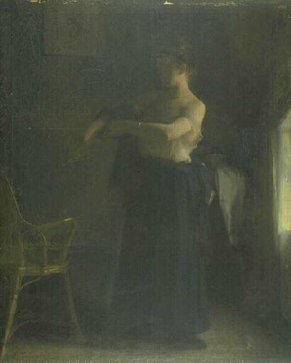 Jeune Femme À La Robe Bleue À Sa Toilette — Tournes Etienne
