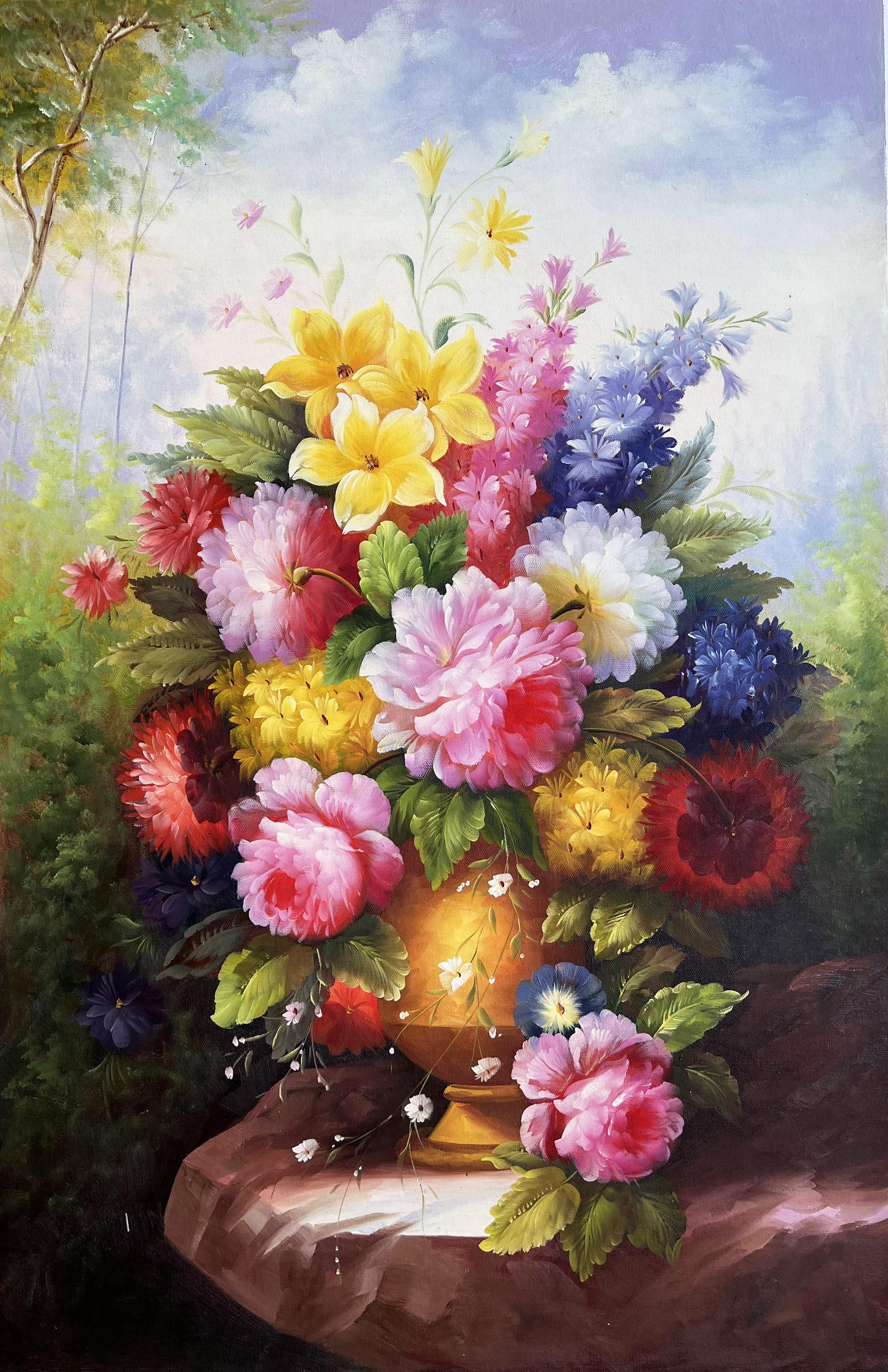 Romantic Floral Still Life In Golden Vase