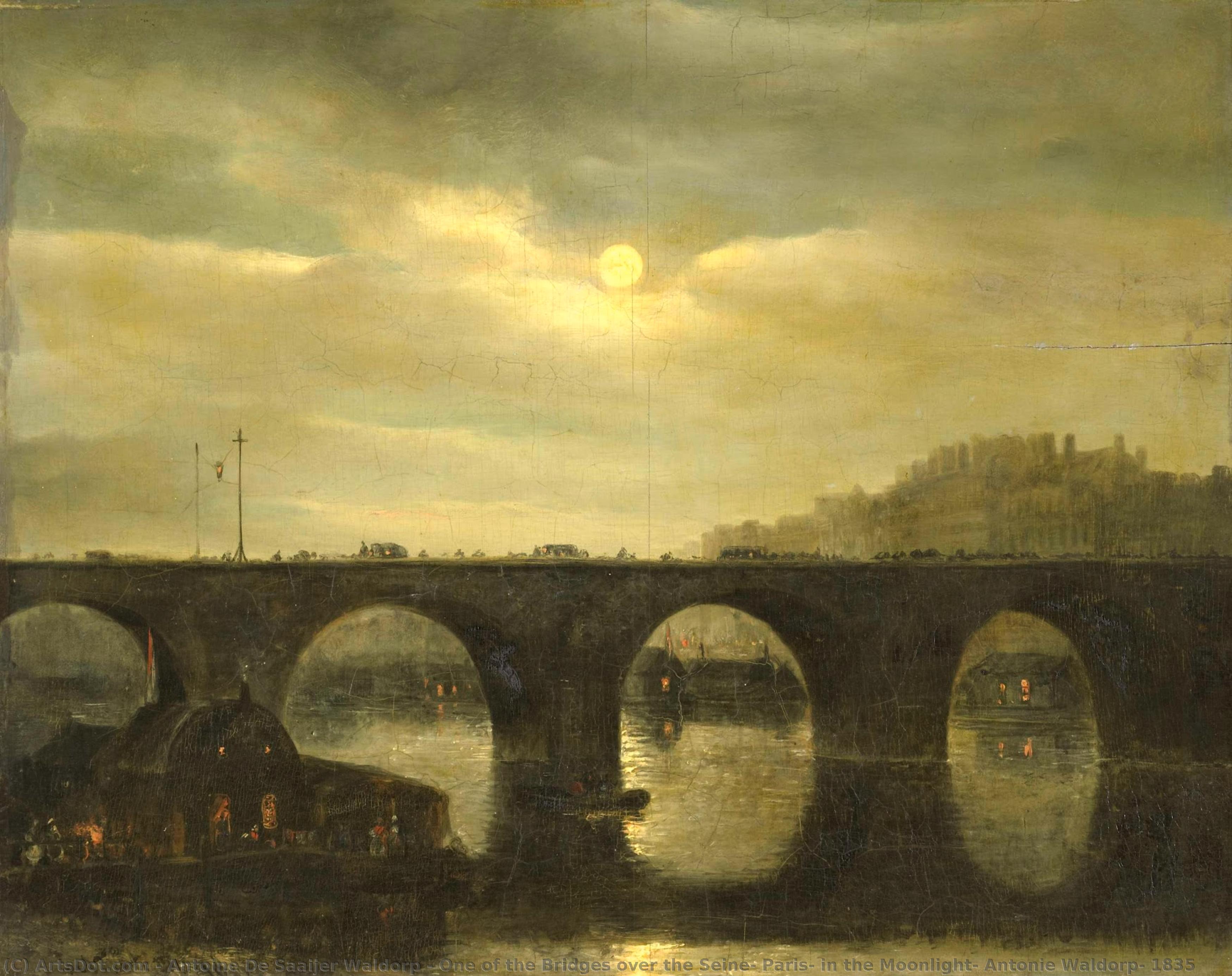 One Of The Bridges Over The Seine, Paris, In The Moonlight, Antonie Waldorp, 1835 — Antoine De Saaijer Waldorp