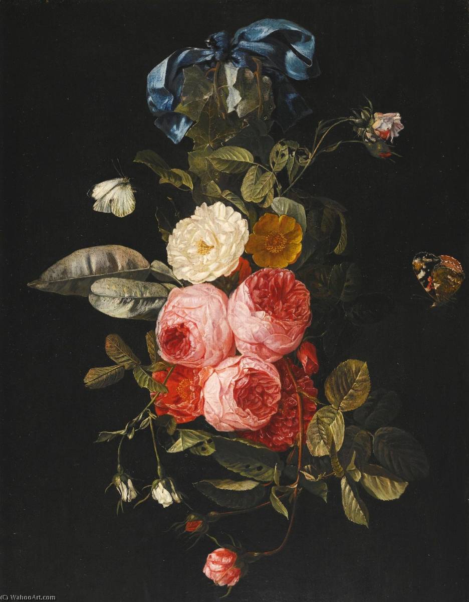 Still Life Of Pink, Yellow And White Roses Hanging From A Blue Ribbon With A Red Admiral And A Cabbage White — Carstian Luyckx