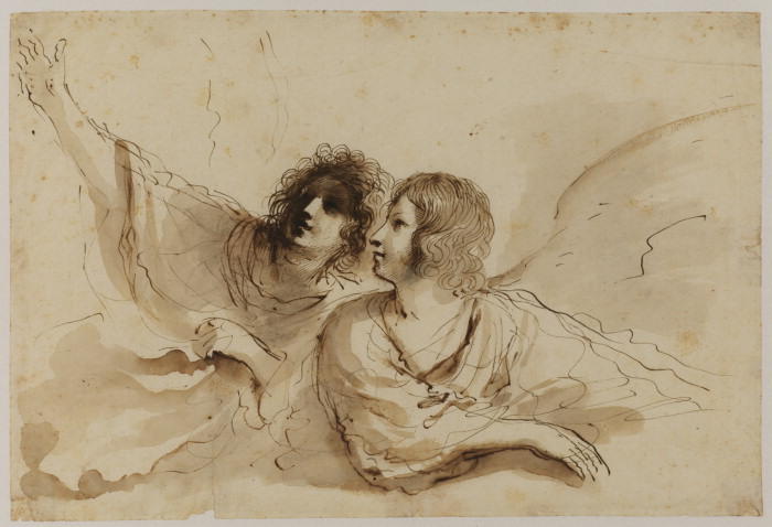 Two Angels, Looking Up To The Left, Leaning On A Cloud — Guercino