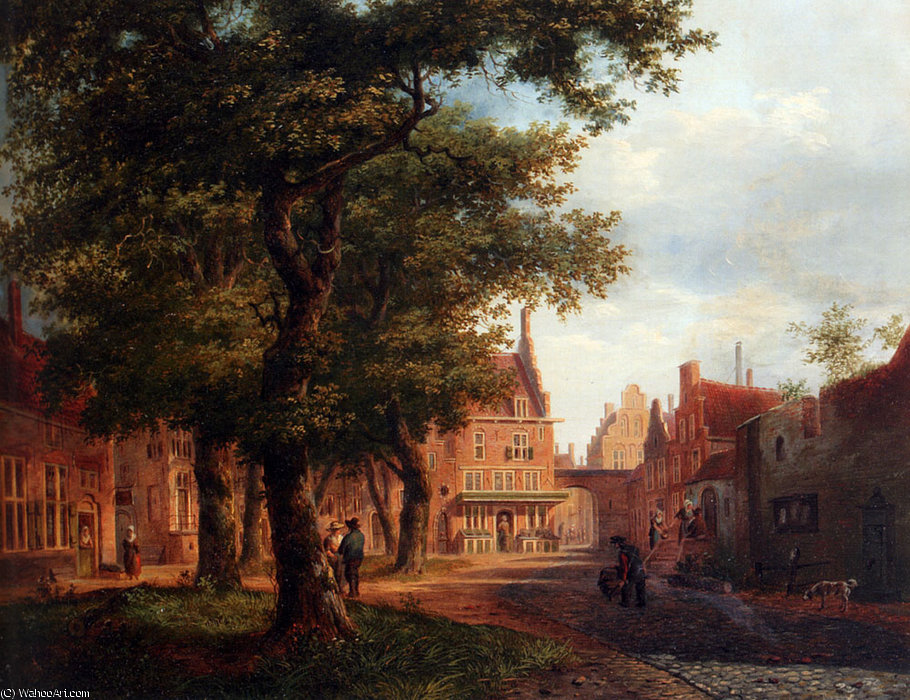 A Village Square With Villagers Conversing Under Trees — Bartholomeus Johannes Van Hove
