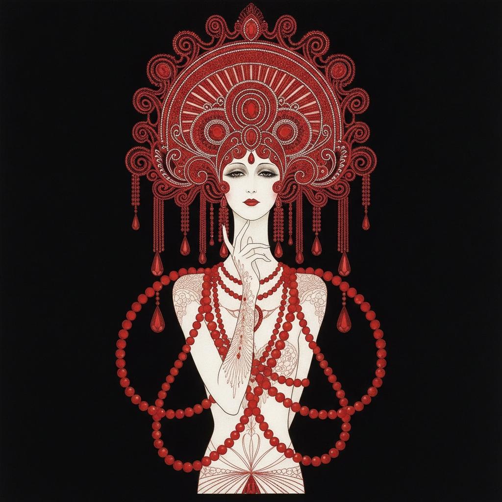 Crimson Filigree And Porcelain Silhouette In Radial Ornamentation — Valentin Laurent De Courcey