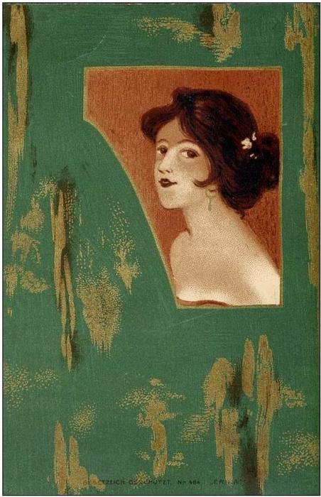 Girls' Heads And Shoulders On A Green Panel — Raphael Kirchner