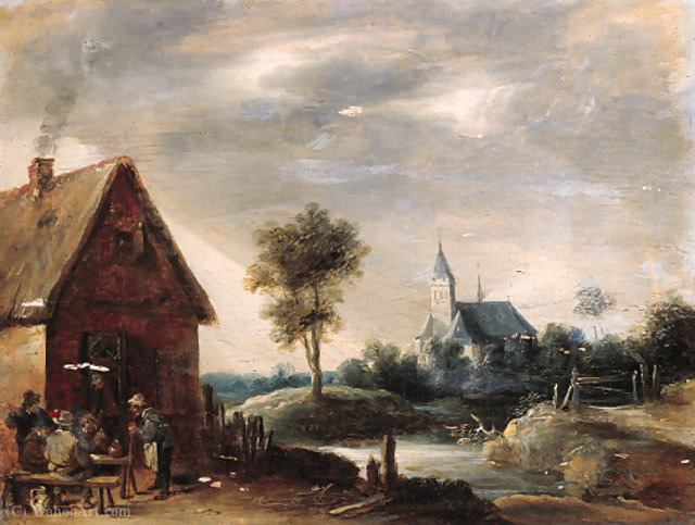 Boors Playing At Cards Outside An Inn, A Church By A River Beyond — Thomas Van Apshoven
