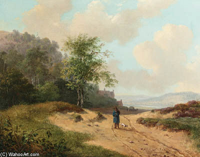 A Summer Landscape With A Traveller And Dog On A Sandy Track — Andreas Schelfhout