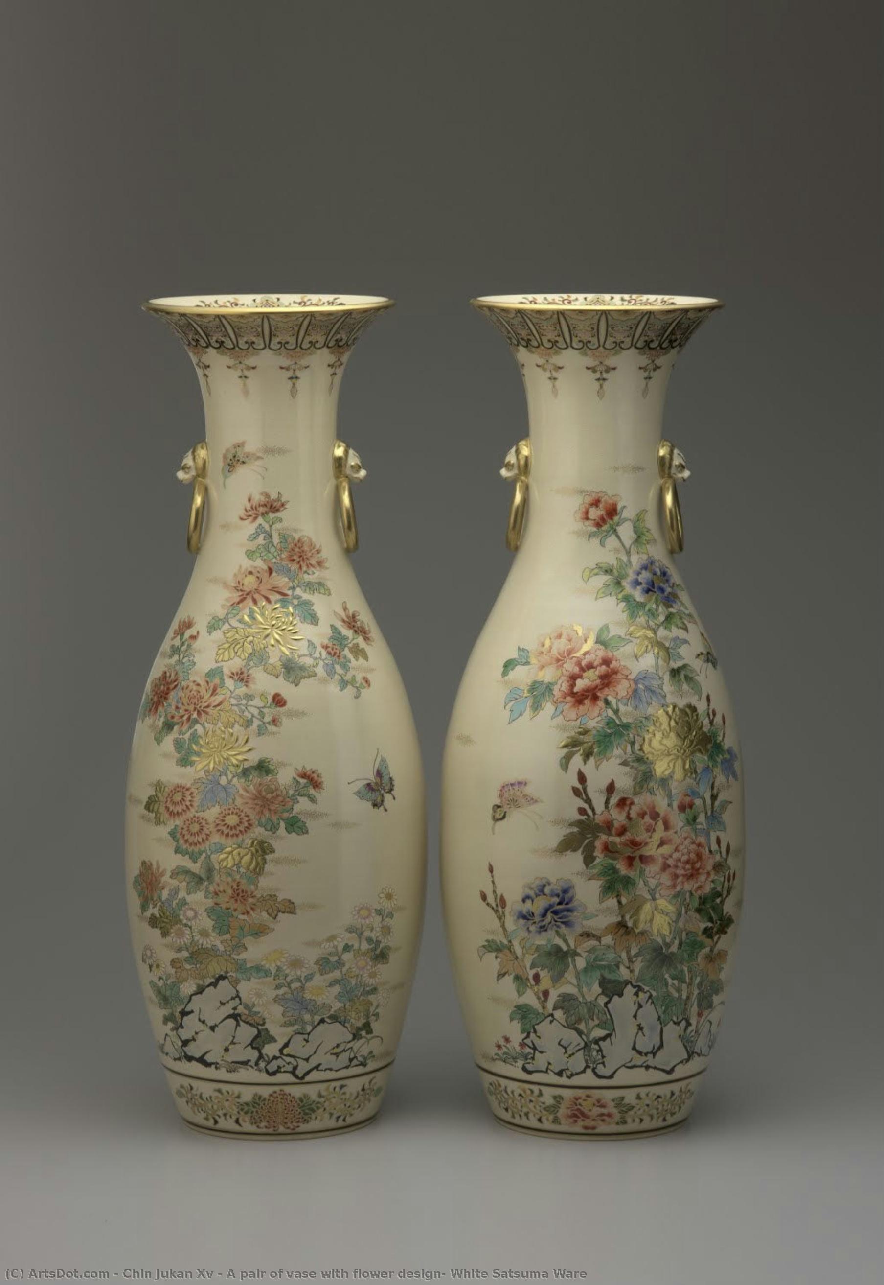 A Pair Of Vase With Flower Design, White Satsuma Ware — Chin Jukan Xv