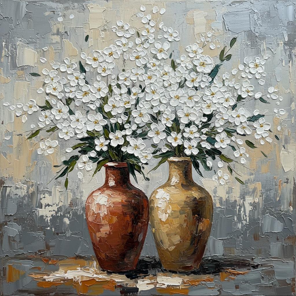 Monolithic White Blossoms In Sculptural Impasto With Earthy Terracotta Vessels — David Moreau