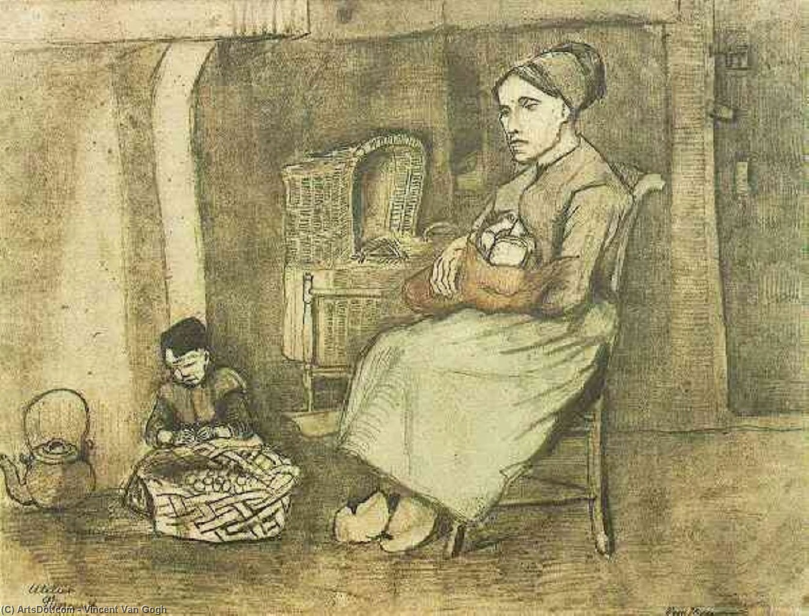 Mutter Mit Kind Am Wiege Und Kind Auf Dem Boden Sitzend — Vincent Willem Van Gogh