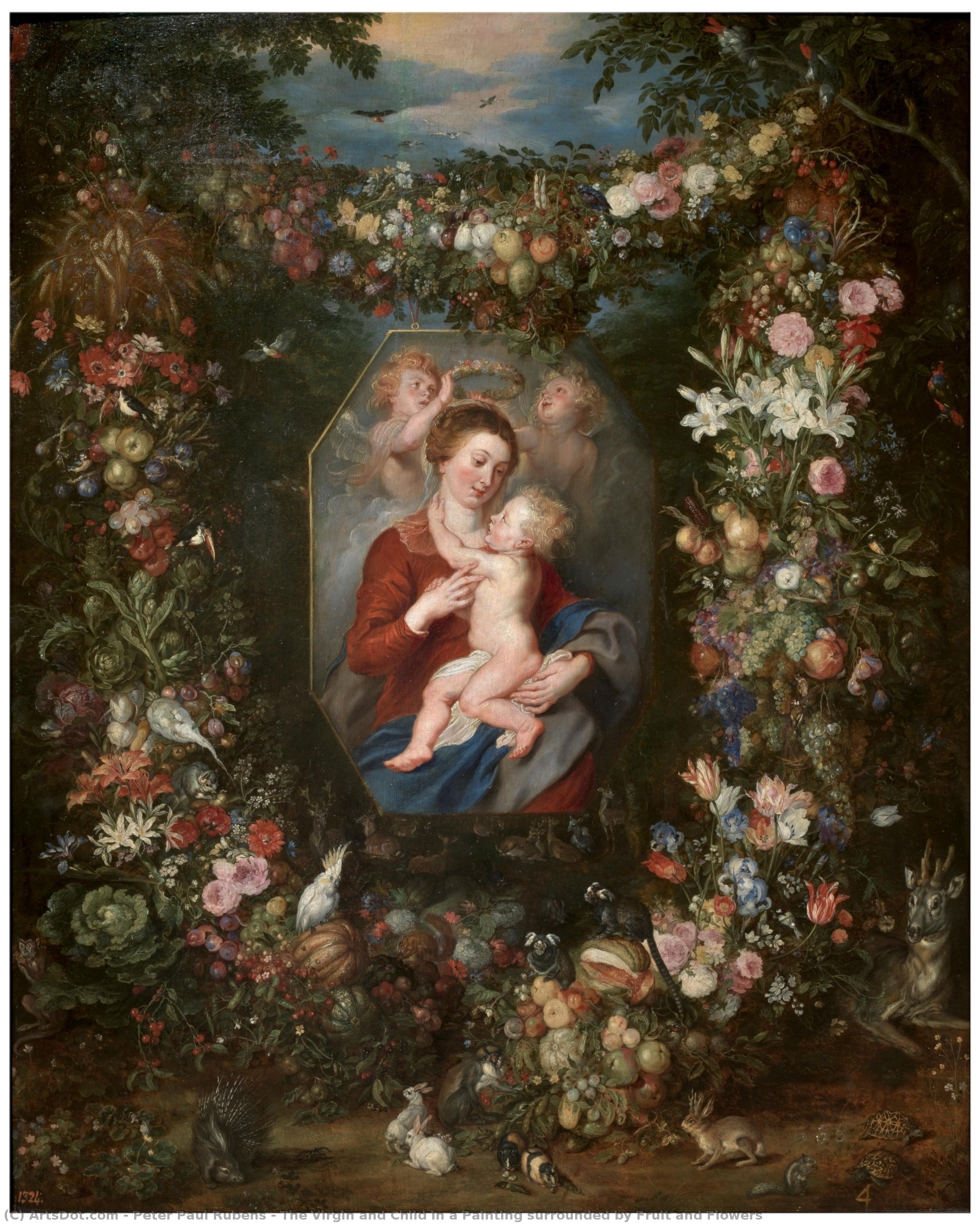 The Virgin And Child In A Painting Surrounded By Fruit And Flowers — Peter Paul Rubens
