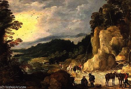 A Mountain Landscape With A Waterfall And Travellers At A Ford — Joos De Momper The Younger
