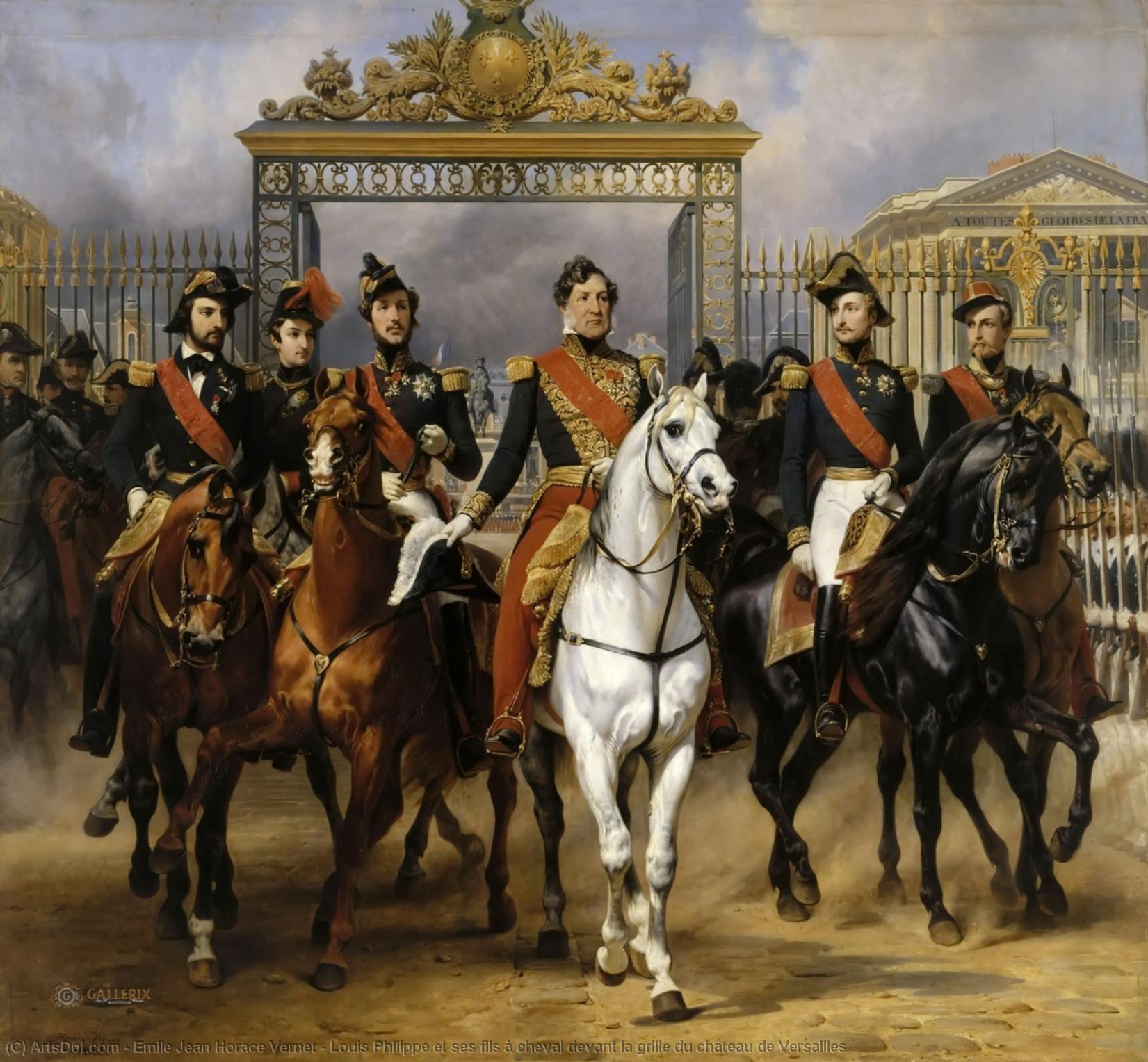 Louis Philippe Et Ses Fils À Cheval Devant La Grille Du Château De Versailles — Emile Jean Horace Vernet