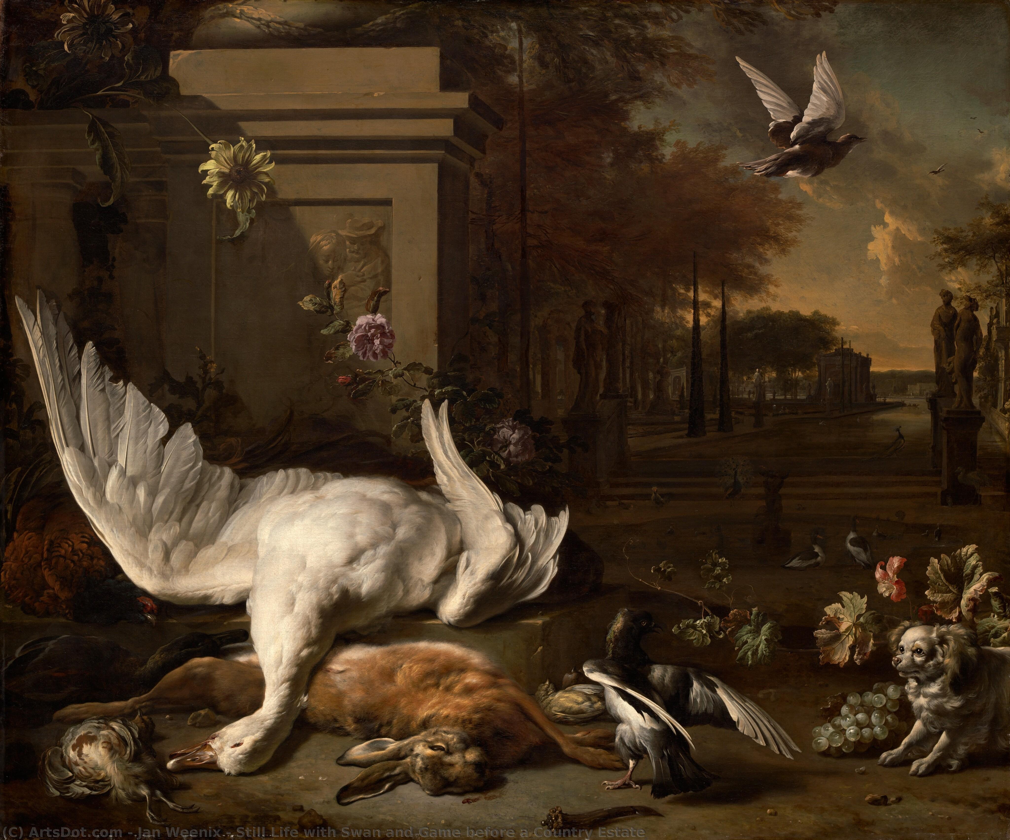Still Life With Swan And Game Before A Country Estate — Jan Weenix