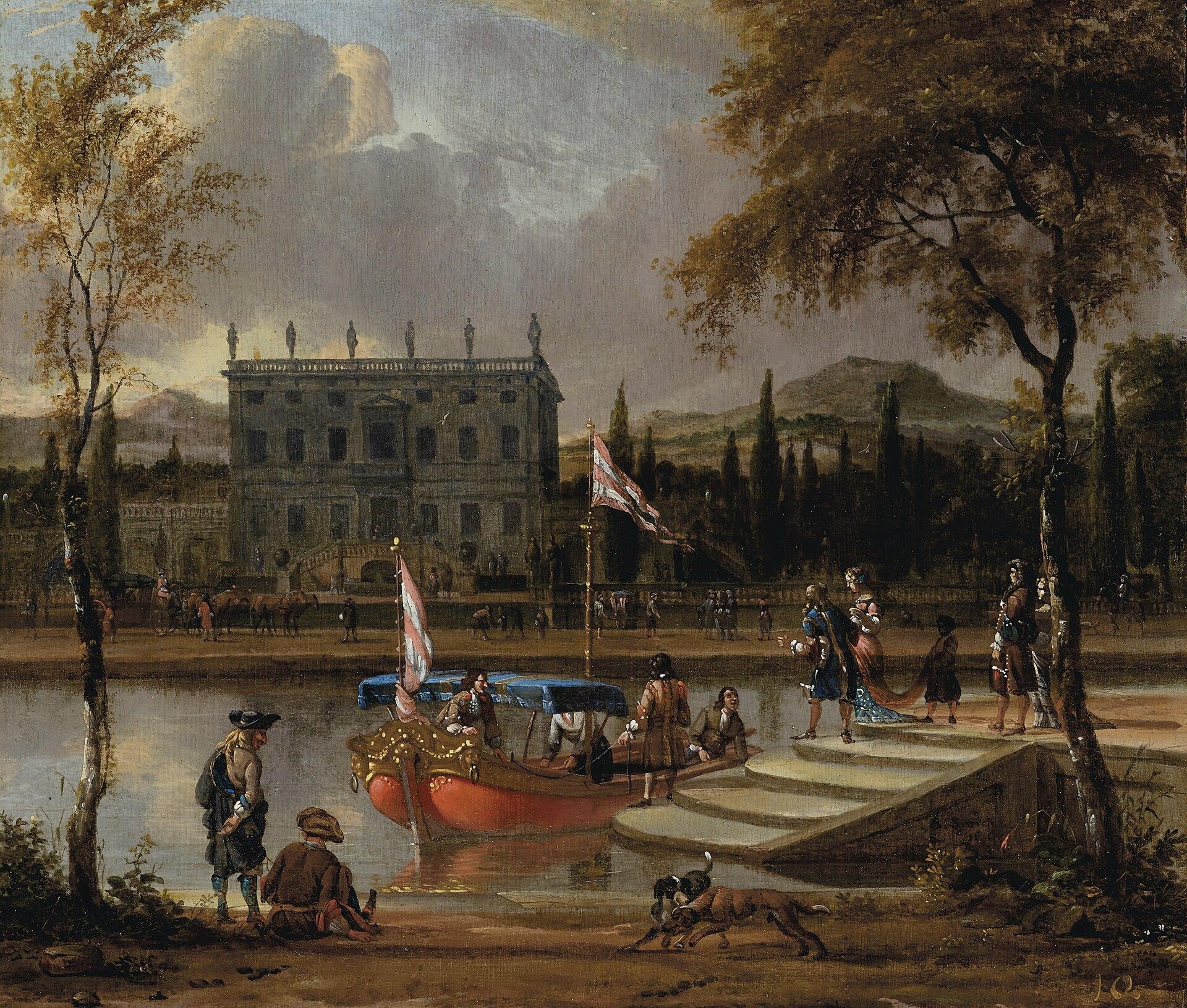 An Elegant Company Embarking Onto A Barge, A Country House Beyond — Абраам Сторк