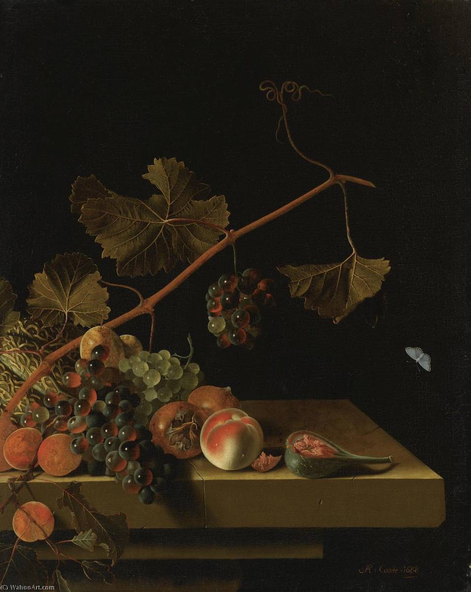 English Still Life With A Melon, Grapevine, Medlars, Apricots, A Peach And A Fig — After Adriaen Coorte