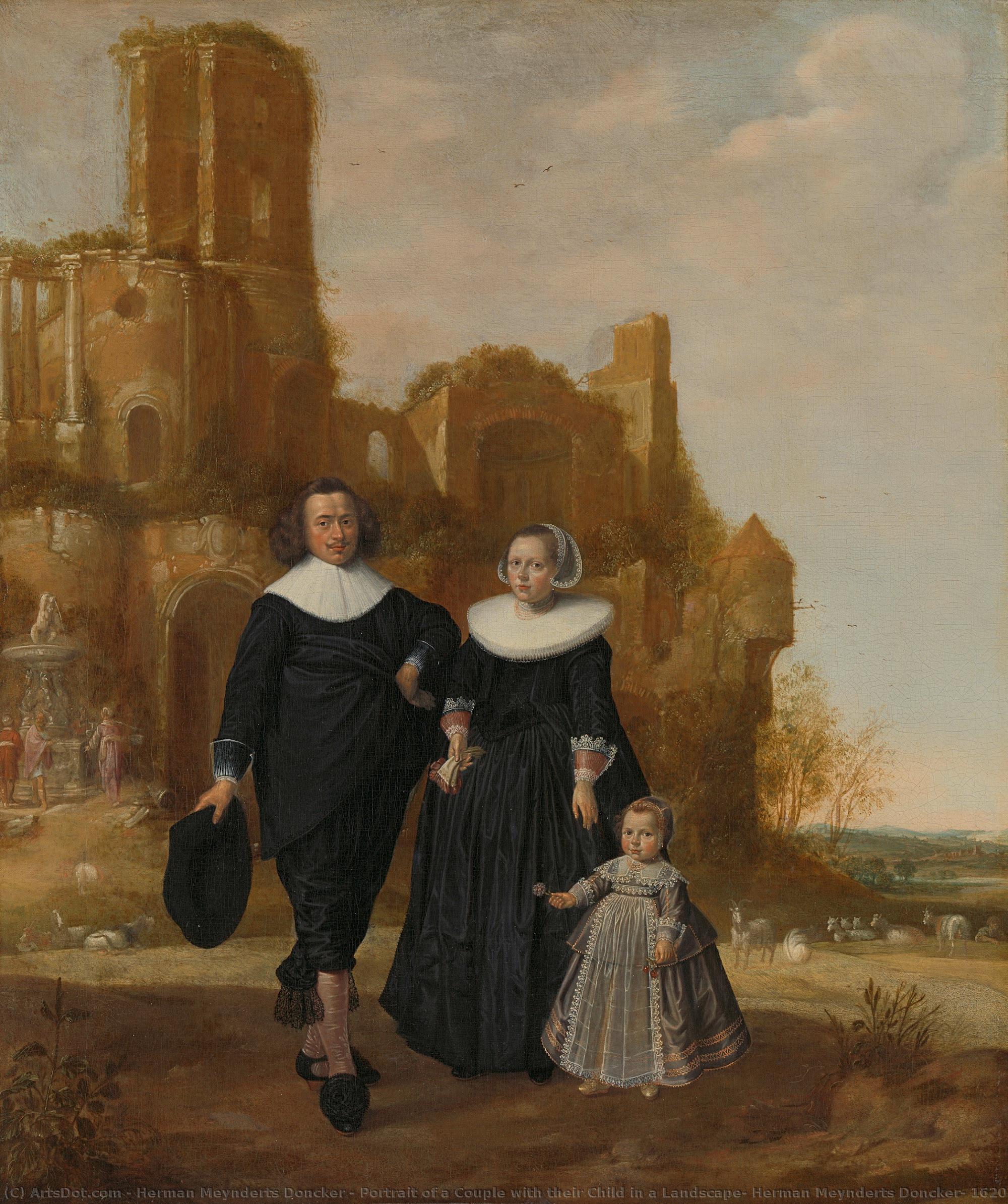 Portrait Of A Couple With Their Child In A Landscape, Herman Meynderts Doncker, 1620 - 1656 — Herman Meynderts Doncker