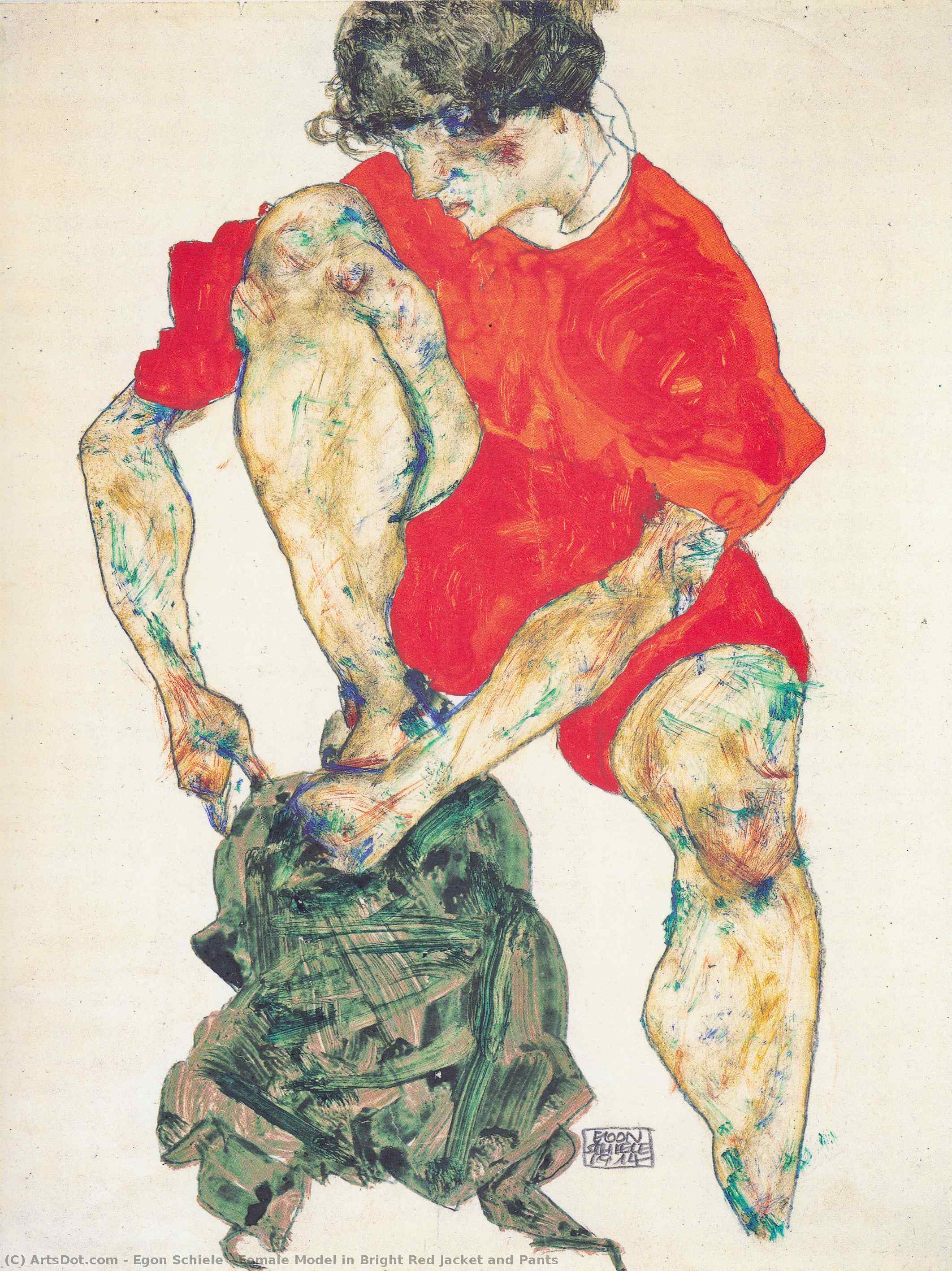Female Model In Bright Red Jacket And Pants — Egon Schiele
