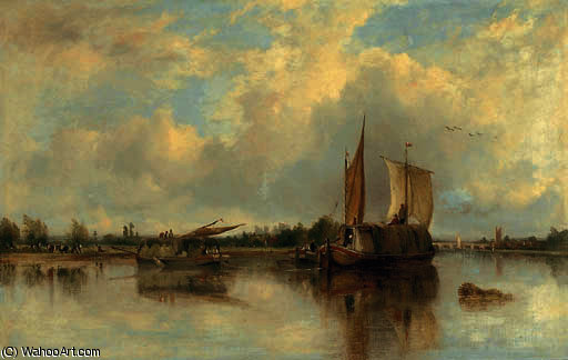 View Of Barges On The Thames With Henley Beyond — Frederick Waters (william) Watts