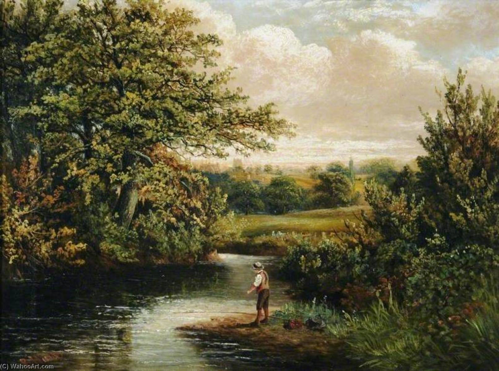 A Boy Fishing In A Wooded River Landscape — Benjamin Hold