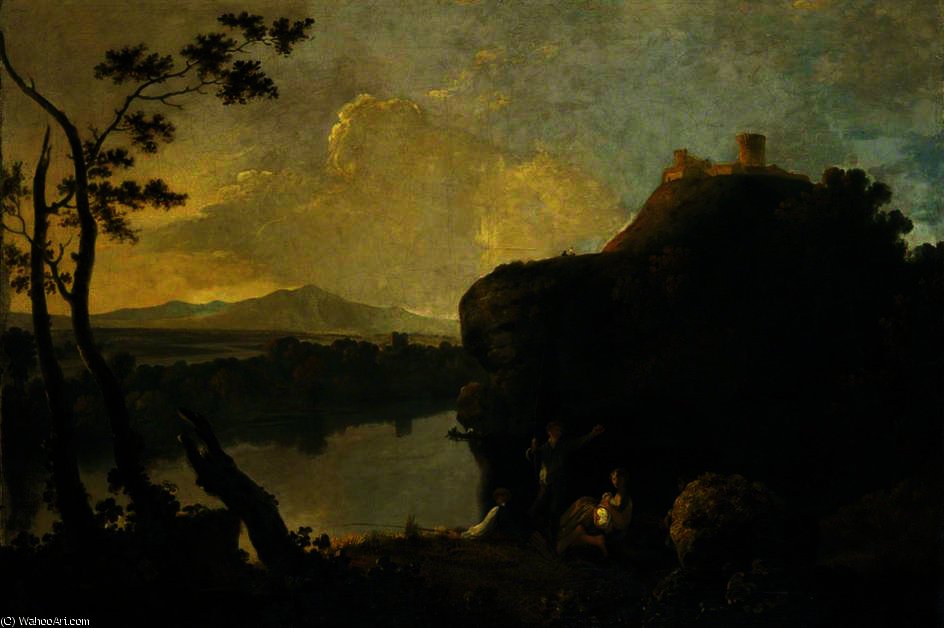 A River Scene With A Castle And Figures — Ričard Vilson