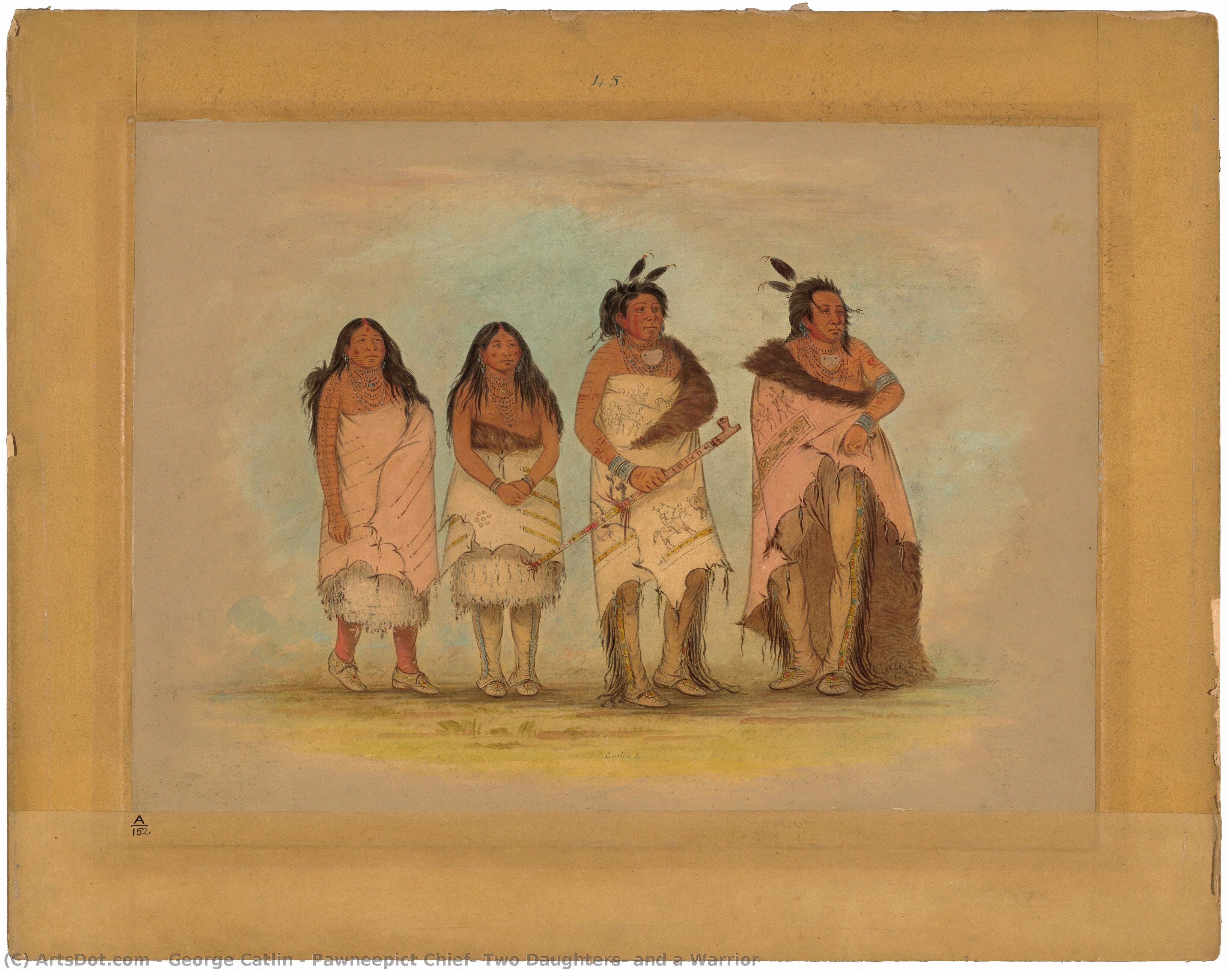 Pawneepict Chief, Two Daughters, And A Warrior — George Catlin