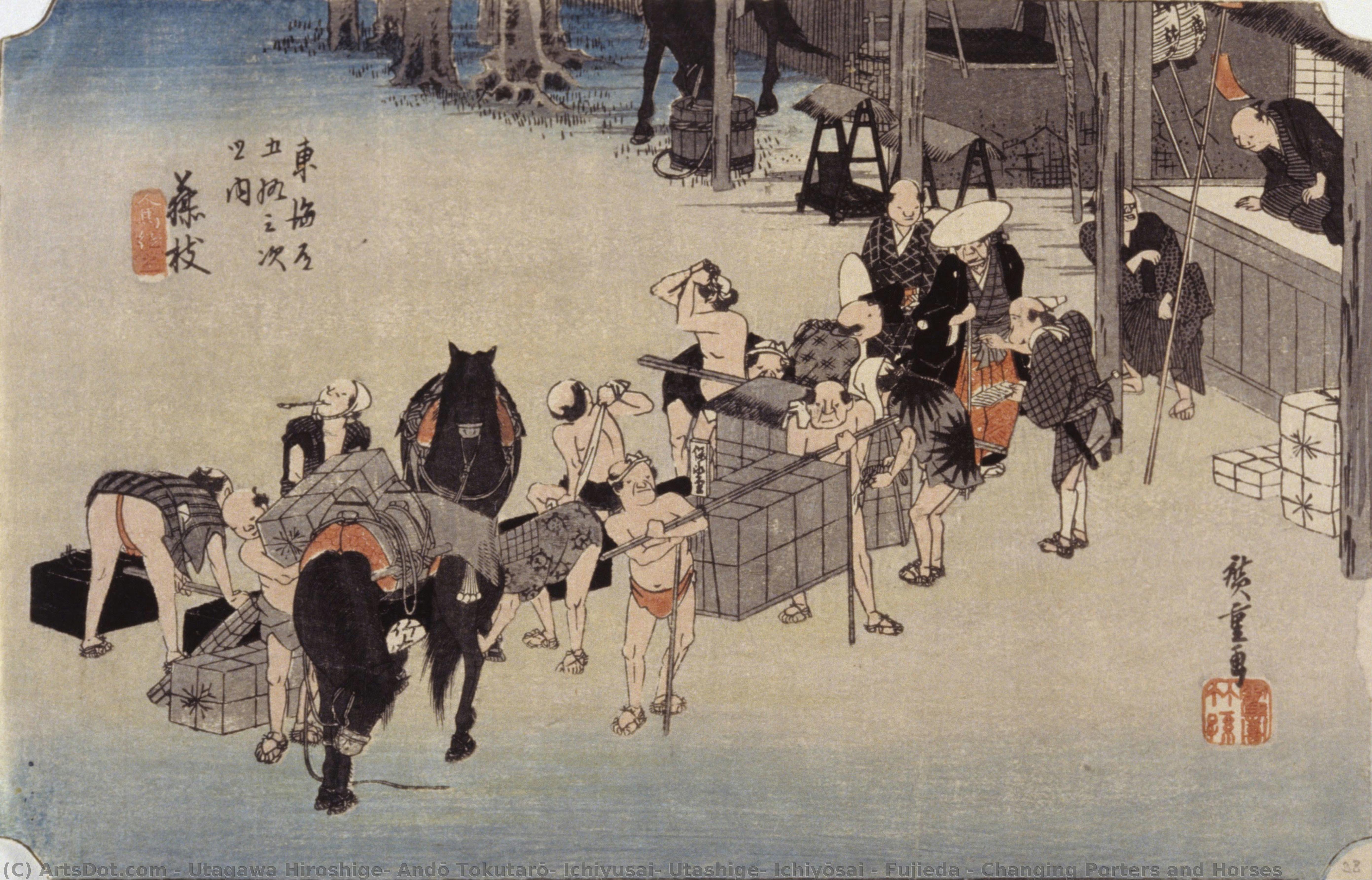 Fujieda - Changing Porters And Horses — Utagawa Hiroshige, Andō Tokutarō, Ichiyusai, Utashige, Ichiyōsai