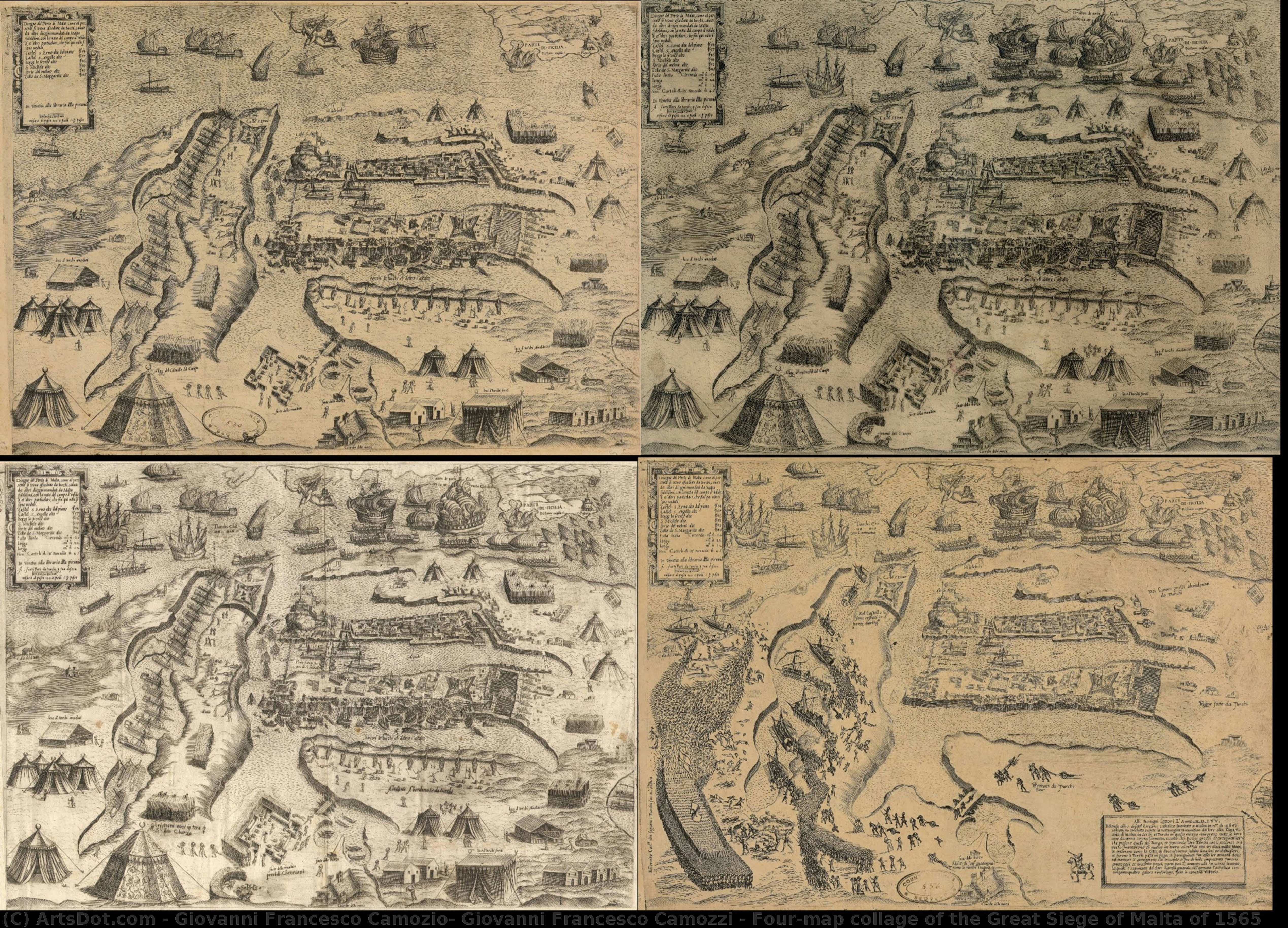 Four-map Collage Of The Great Siege Of Malta Of 1565 — Giovanni Francesco Camozio, Giovanni Francesco Camozzi