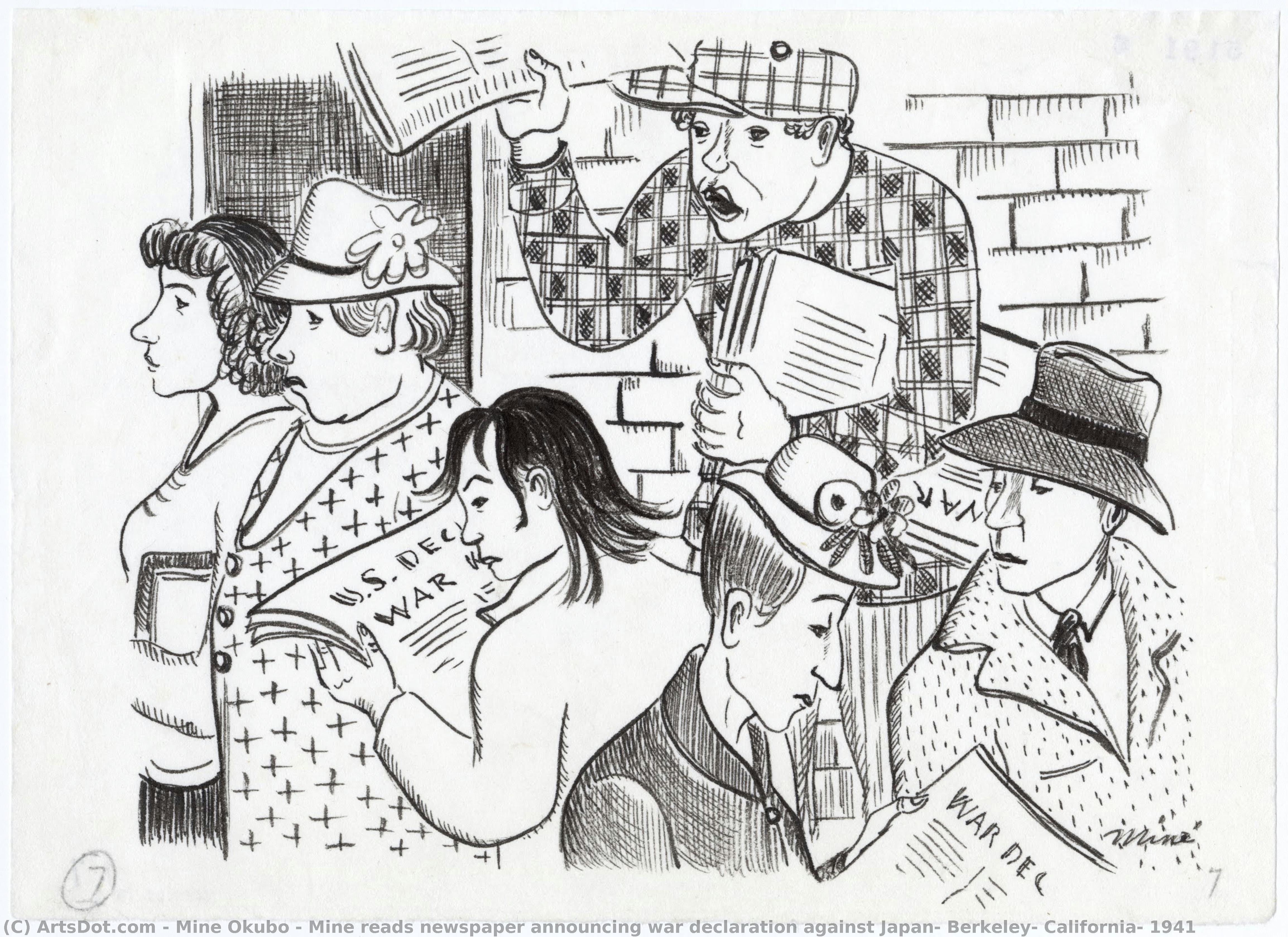 Mine Reads Newspaper Announcing War Declaration Against Japan, Berkeley, California, 1941 — 大久保 ミネ