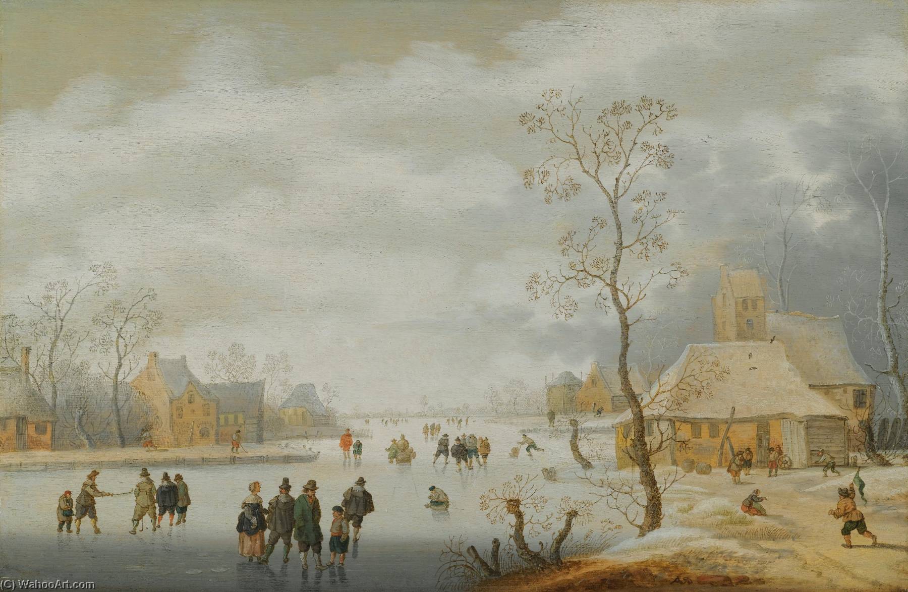 A Winter Landscape With Figures Skating On A Frozen River Beside A Village — Anthonie Verstraelen