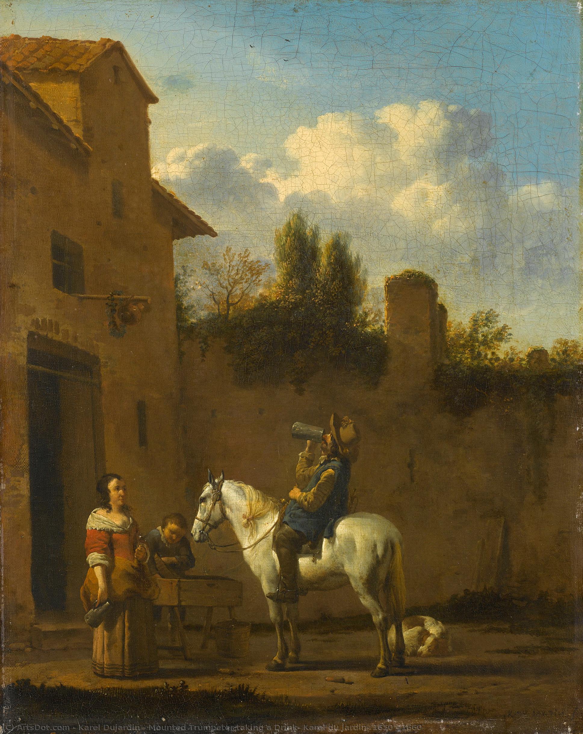 Mounted Trumpeter Taking A Drink, Karel Du Jardin, 1650 - 1660 — Karel Dujardin