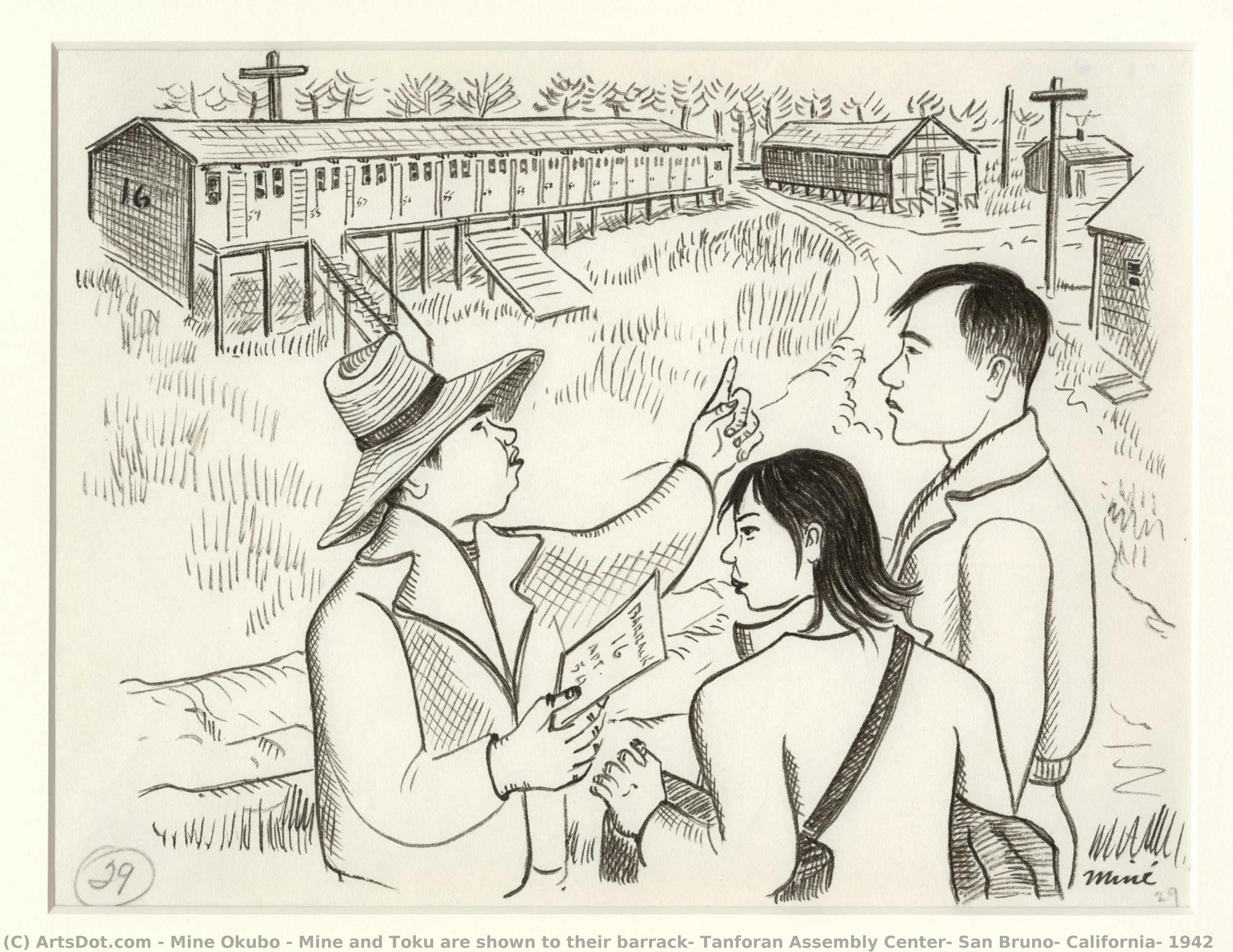 Mine Und Toku Werden Zu Ihrer Baracke Geführt, Tanforan Assembly Center, San Bruno, Kalifornien, 1942 — Miné Okubo