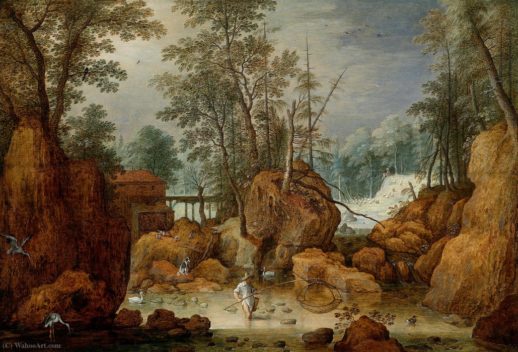 A Fisherman In A River In A Wooded Landscape — Maerten Ryckaert