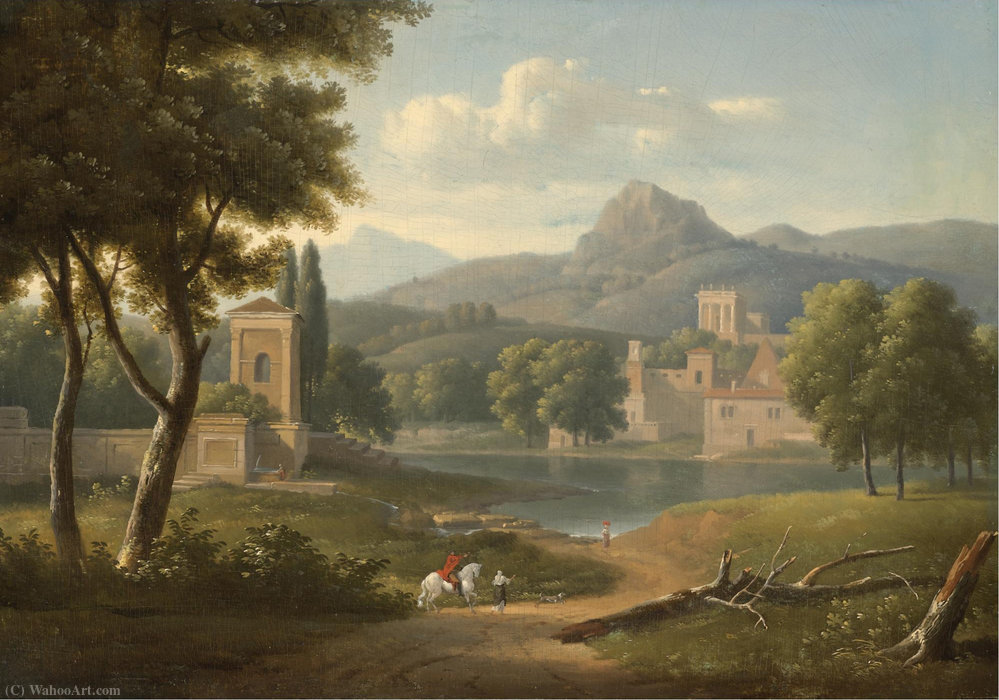 A Classical River Landscape With Travellers On A Path In The Foreground — Alexandre-hyacinthe Dunouy