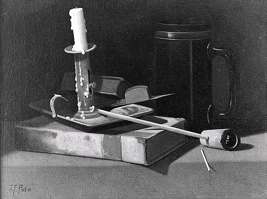 Books, Mug, Candlesticks, And Pipe, (painting) — John Frederick Peto