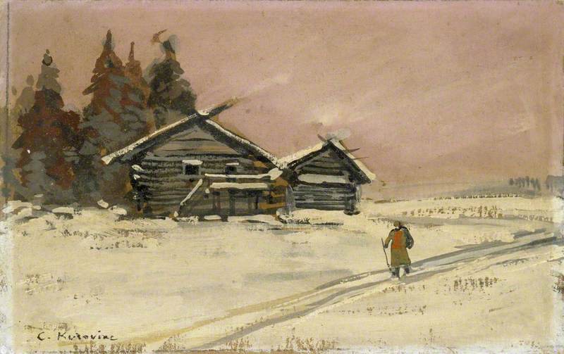 Winter Landscape With Two Wooden Huts — Konstantin Alexejewitsch Korowin