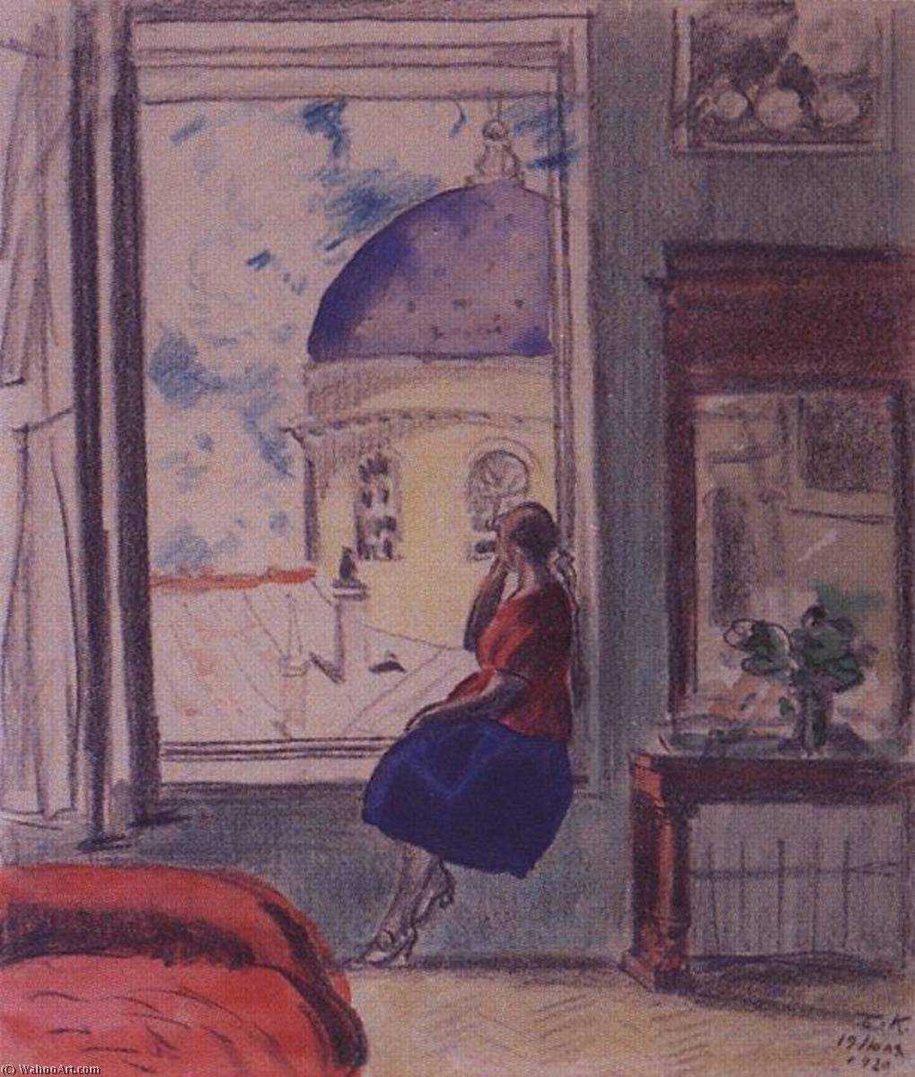 Interior With A Female Figure At The Window — Boris Michailowitsch Kustodijew