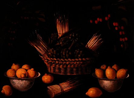 Still Life With Asparagus, Artichokes, Lemons And Cherries — Blas De Ledesma