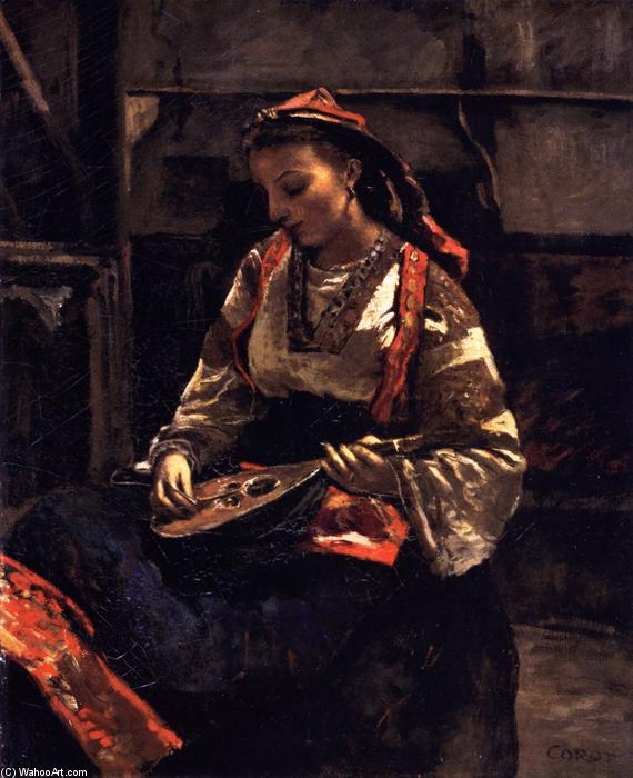 Seated Italian Woman Playing A Mandolin In Corot's Studio — Jean-baptiste-camille Corot