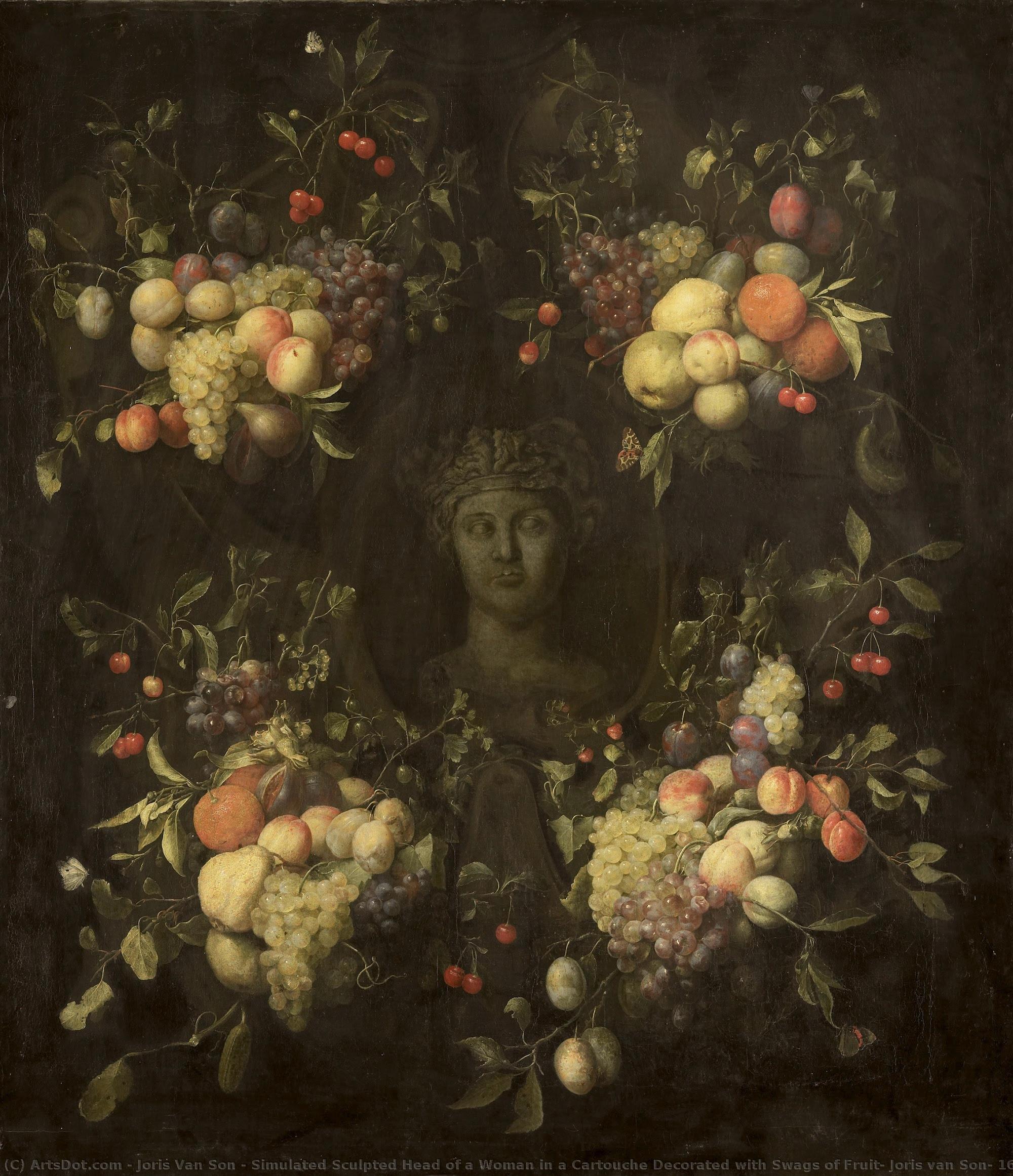 Simulated Sculpted Head Of A Woman In A Cartouche Decorated With Swags Of Fruit, Joris Van Son, 1655 - 1665 — Joris Van Son