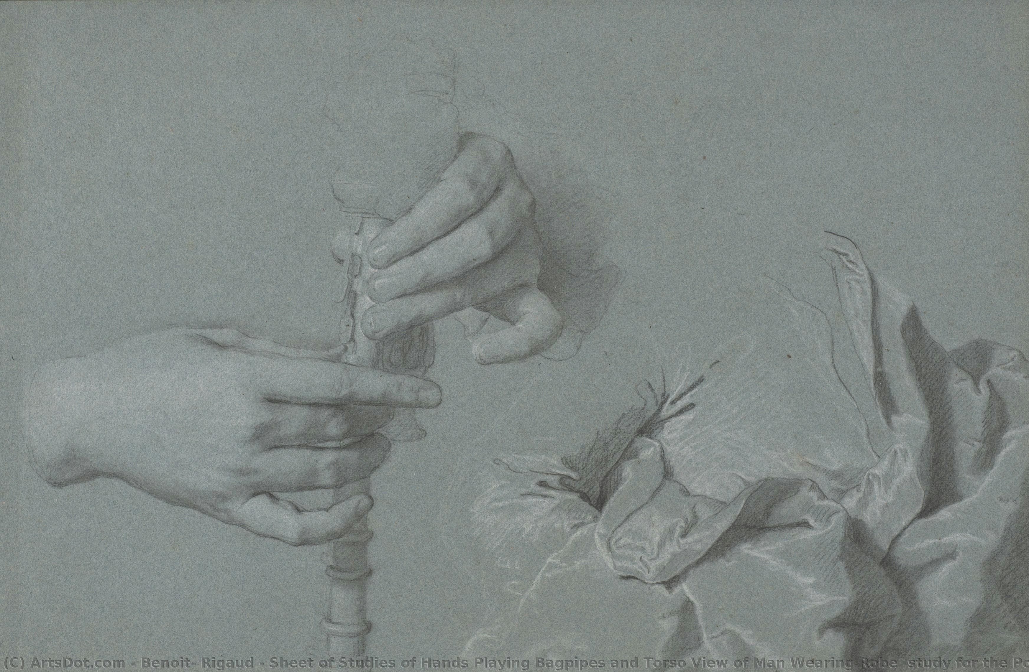 Sheet Of Studies Of Hands Playing Bagpipes And Torso View Of Man Wearing Robe (study For The Portrait Of Gaspard De Gueidan) — Benoit Rigaud